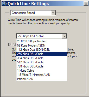 Set Connection Speed popup menu